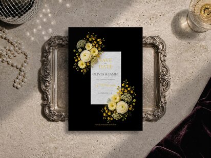 Butter yellow floral save the date template of  ranunculus, white roses and Queen Anne’s lace shown on a grey surface with editorial flower artwork, pearl necklace and silver tray.