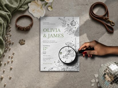 A wedding invitation with green text for Olivia and James, featuring line art of flowers, a disco ball, champagne glasses, and a cake, with a magnifying glass highlighting a dog tag on one of the glasses.