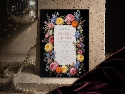 Pastel floral wedding invitation template shown on a grey surface with pink, blue, yellow, orange and sage flower artwork, pearl necklace and silver tray. Flowers include pink peonies, yellow and coral ranunculus, blue delphinium, orange tulips and sweet peas