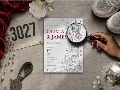 A magnifying glass highlights a disco ball and running shoes on a white wedding invitation with red text and line art, surrounded by a red velvet cloth, a medal, and white sneakers.