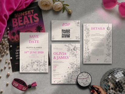 Elegant music festival wedding invitation suite featuring illustrated music notes, festival bunting, a disco ball, festival tent details and personalised elements within an editorial wedding stationery design editable in Canva.