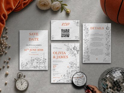 Elegant basketball wedding invitation featuring illustrated courtside details, a basketball hoop behind a disco ball, a basketball beside the wedding cake and personalised elements within an editorial wedding design editable in Canva.