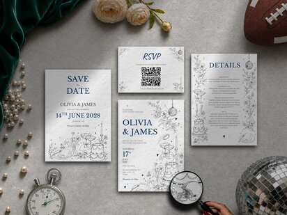 Elegant American football wedding invitation suite featuring illustrated gameday details, a football flying over champagne coupes, a football helmet beside the wedding cake and personalised elements within an editorial wedding stationery design editable in Canva.