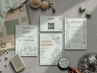 Elegant board game wedding invitation suite featuring illustrated game board details, playing pieces, dice, a game timer and personalised elements within an editorial wedding stationery design editable in Canva.