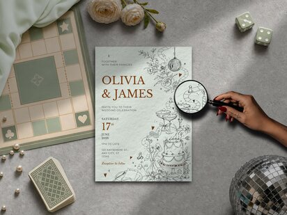 Elegant board game wedding invitation featuring illustrated game board details, playing pieces, dice, a game timer and personalised elements within an editorial wedding design editable in Canva.
