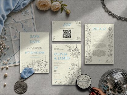 Elegant cycling wedding invitation suite featuring illustrated bicycle details, a cycling helmet hanging from a disco ball, personalised elements and matching editorial wedding stationery editable in Canva.