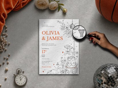 Elegant basketball wedding invitation featuring illustrated courtside details, a basketball hoop behind a disco ball, a basketball beside the wedding cake and personalised elements within an editorial wedding design editable in Canva.