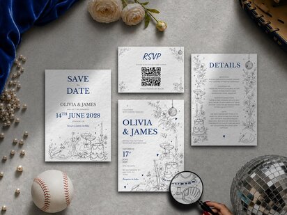Elegant baseball wedding invitation suite featuring illustrated baseball details, a baseball flying over champagne coupes, a catcher's mitt beside the cake, a hidden baseball bat and personalised elements within an editorial wedding stationery design editable in Canva.