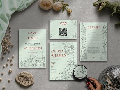 Editorial wedding invitation suite featuring hidden prehistoric details including a pterodactyl flying above a disco ball, a T-Rex hidden amongst the flowers, a brontosaurus beside the wedding cake and personalised champagne coupe initials.