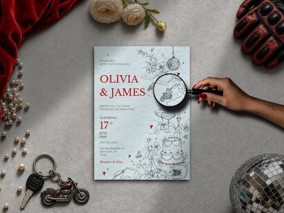 Illustrated wedding invitation featuring hidden road trip details including a winding road through the design, a couple riding a motorbike, a motorbike helmet beside the wedding cake and personalised initials on champagne coupes.