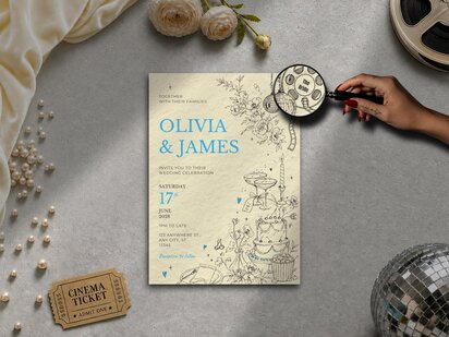 Illustrated wedding invitation featuring hidden cinematic details including popcorn beside the wedding cake, a film reel behind the disco ball, a personalised film reel case, champagne coupe initials and a Happy Ending menu card.