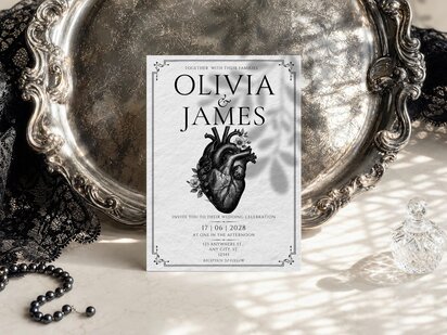 Gothic wedding invitation featuring an engraved anatomical heart entwined with florals, elegant typography and Victorian inspired dark romance styling.