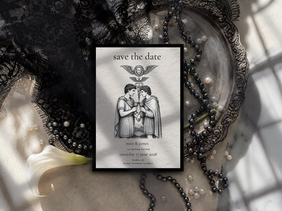 Gay tarot save the date inspired by The Lovers card, featuring two men, celestial symbolism and mystical gothic romantic styling.