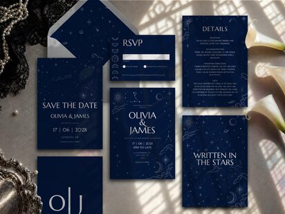 Personalised celestial wedding invitation suite featuring custom zodiac constellations, night sky artwork, moonlit details and elegant cosmic styling.
