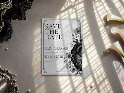 Dark romance save the date featuring an engraved anatomical heart with botanical details, vintage illustration styling and elegant monochrome typography.