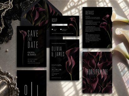 Burgundy calla lily wedding invitation suite with dramatic floral artwork, elegant typography and a luxury dark editorial aesthetic on a black background.