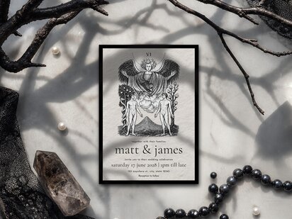Gay tarot wedding invitation inspired by The Lovers card, featuring two men, celestial symbolism and mystical gothic romantic styling.