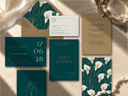 Art Deco Wedding Invitation Suite featuring a deep emerald green background with metallic gold typography, curved geometric linework, corner diamonds and an Art Deco initials monogram; editable Canva template with refined typography and personalised wedding details.