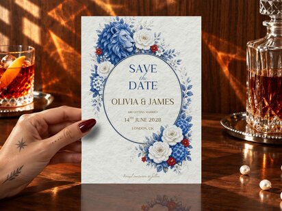 Football save the date featuring blue hydrangeas and roses in a royal blue and ivory palette with a heritage-inspired regal lion crest and subtle soccer heritage details.