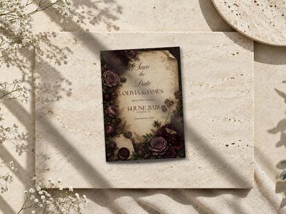 Save the date wedding invitation card featuring dark burgundy floral illustrations on an aged parchment background, lying flat on a stone surface.
