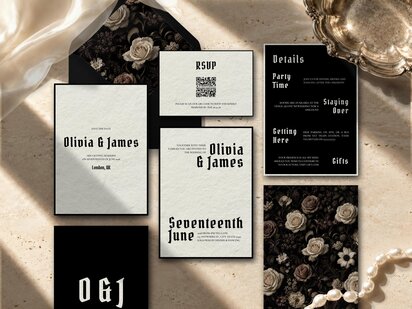 Gothic Wedding Invitation Suite featuring a warm ivory background with a thick black border, oversized black Old English lettering and asymmetrical editorial typography; editable Canva template with refined typography and personalised wedding details.