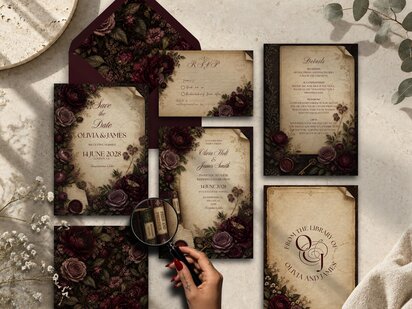 A flat lay of a dark academia wedding invitation suite featuring dark red floral arrangements and vintage book graphics, surrounded by eucalyptus and a magnifying glass.