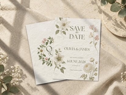 Two save the date wedding cards with botanical floral illustrations displayed flat on a textured neutral surface next to sprigs of baby's breath.