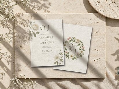 Two wedding invitation cards featuring botanical illustrations and the names Olivia and James are laid on a textured stone surface.