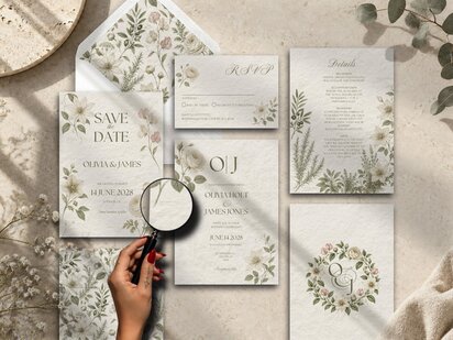 A collection of botanical wedding stationery items arranged flat on a textured stone surface with a magnifying glass held by a hand.